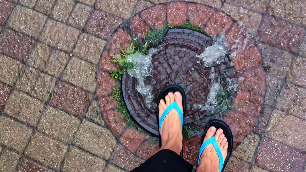 Closeup of rainwater spurting from a flooded manhole cover on a stone pavement, with feet in blue flip-flops standing beside during heavy summer rainfall in Latvia