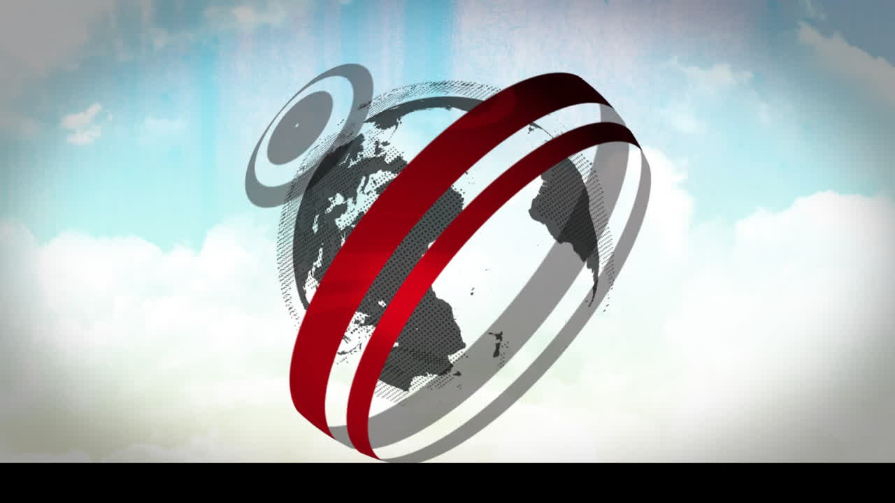 Rotating animation of globe with red and gray rings over cloudy sky