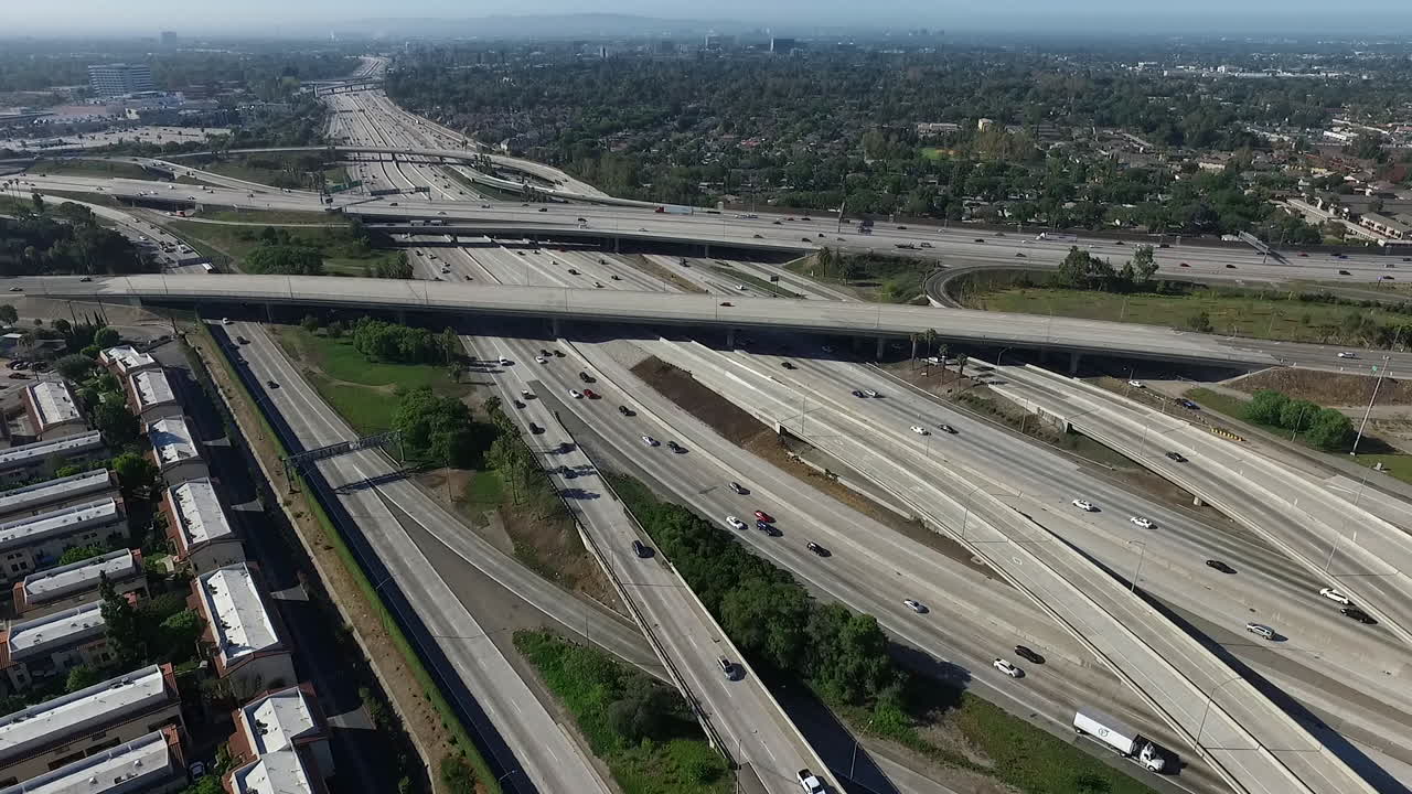 Aerial drone footage over Orange County Freeways - the Orange Crush.