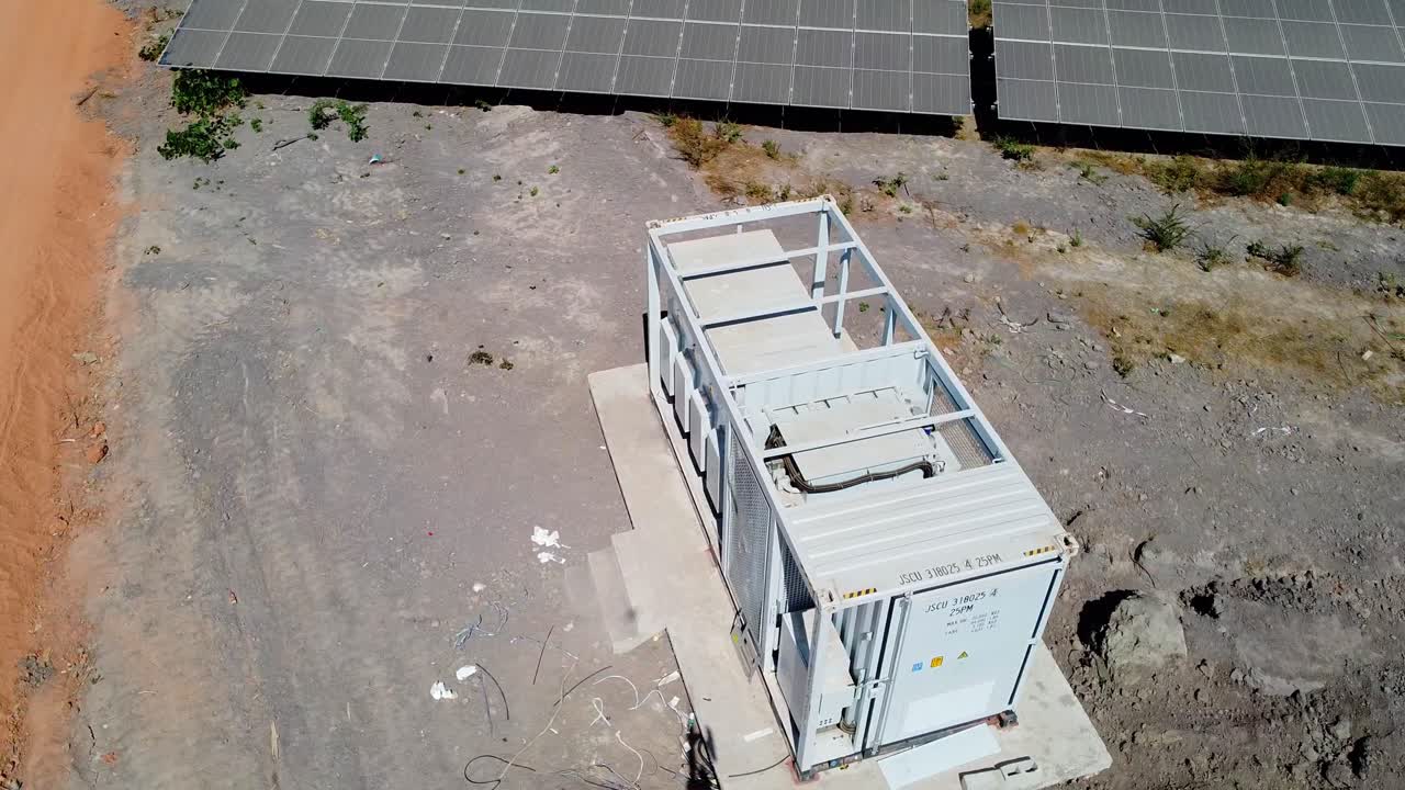 Aerial view of high power inverter station in photovoltaic power plant. Renewable electric energy