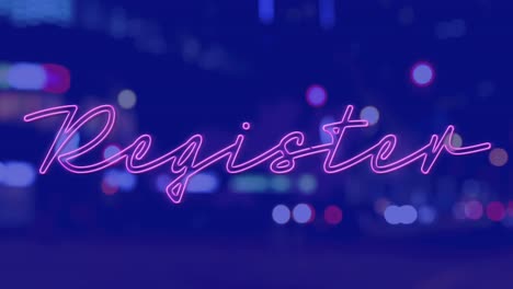 animación de texto de registro iluminado sobre vehículos desenfocados que se desplazan por una calle iluminada