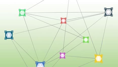 animation of network of digital icons against green gradient background