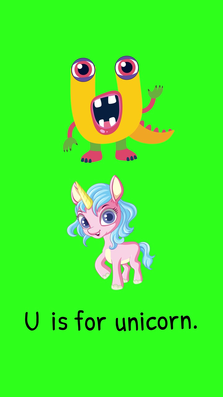 Lys animation med et legende monster og en enhjørning, der illustrerer bogstavet U på en grøn baggrund.