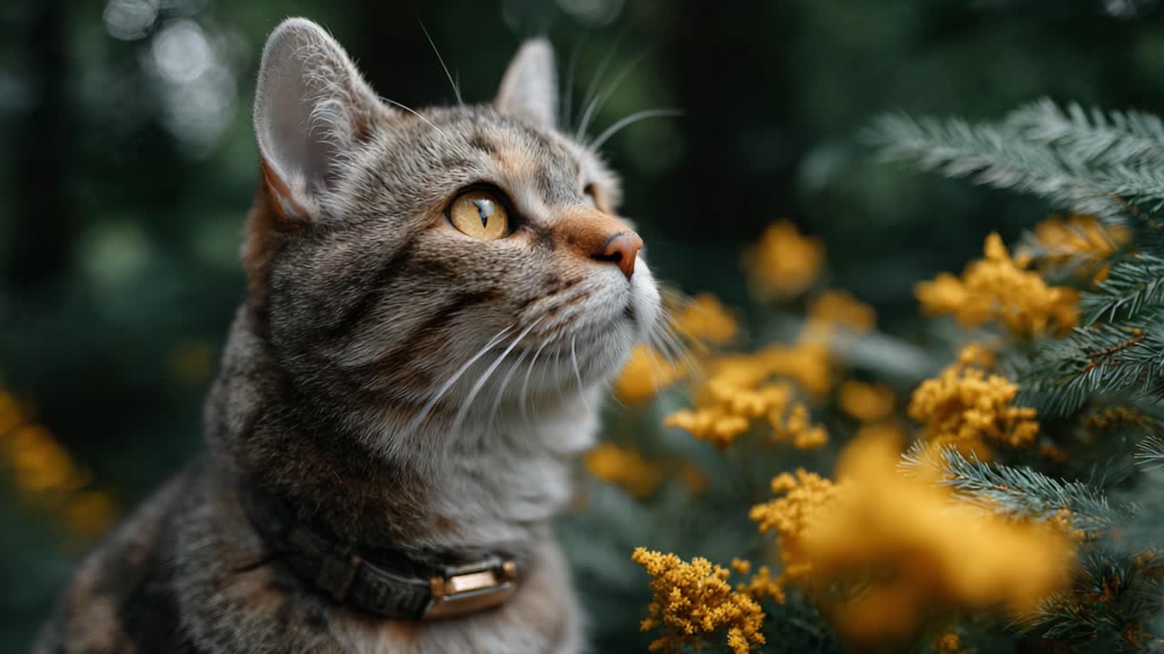 A Beautiful Cat Gazes Thoughtfully Amidst Yellow Flowers and Lush Greenery in a Serene Outdoor Setting