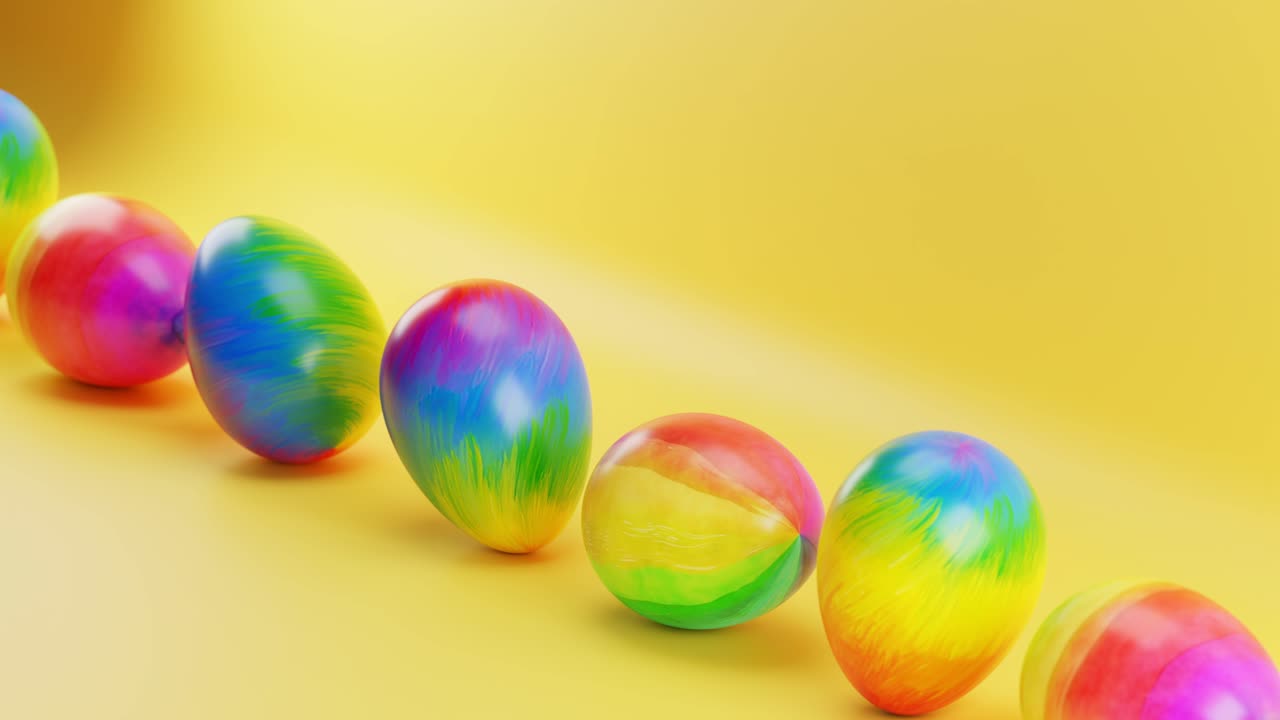 Ovos de Páscoa multicoloridos rolam em um fundo amarelo. Animação em loop