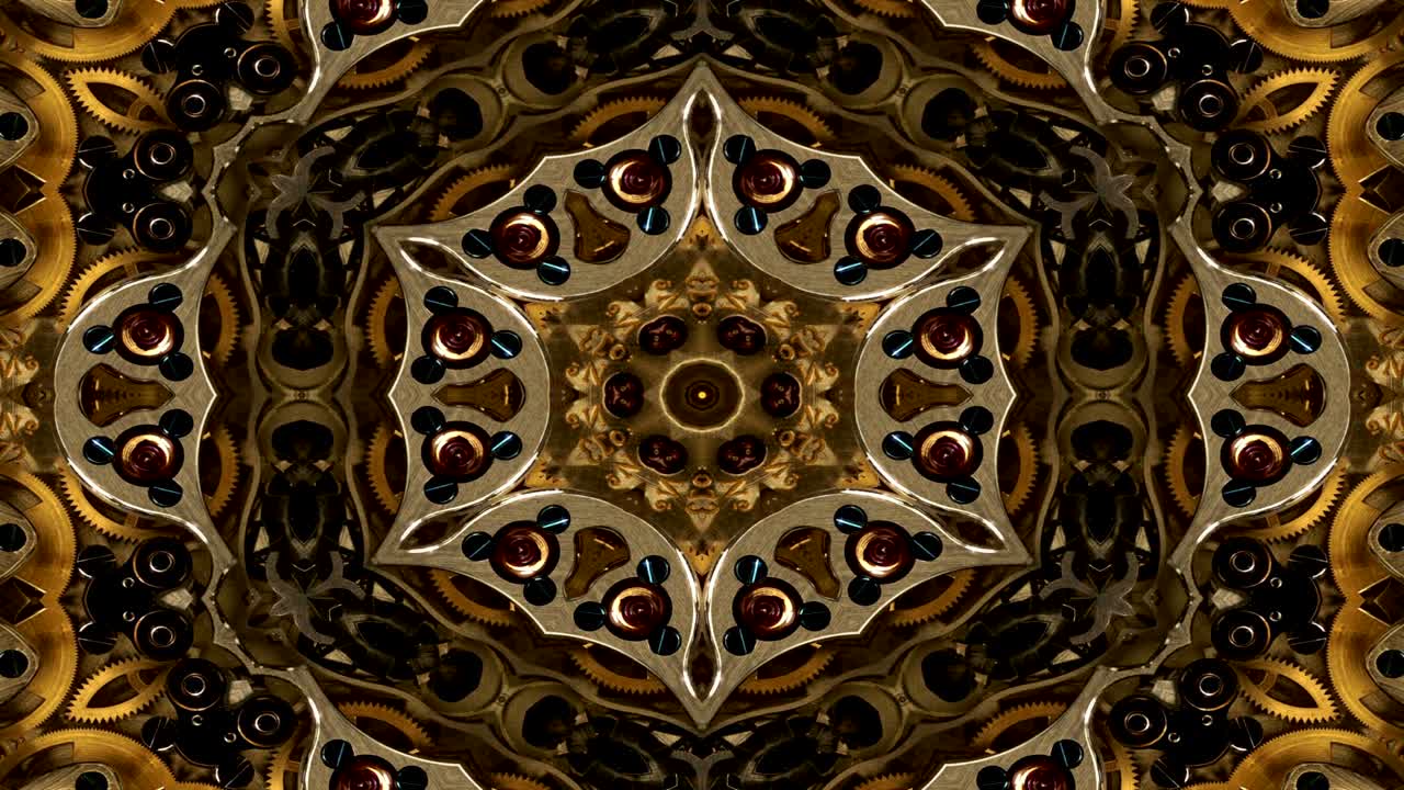 Abstract Metallic Industrial and Technology Concept Symmetric Pattern Ornamental Decorative Kaleidoscope Movement Geometric Circle and Star Shapes