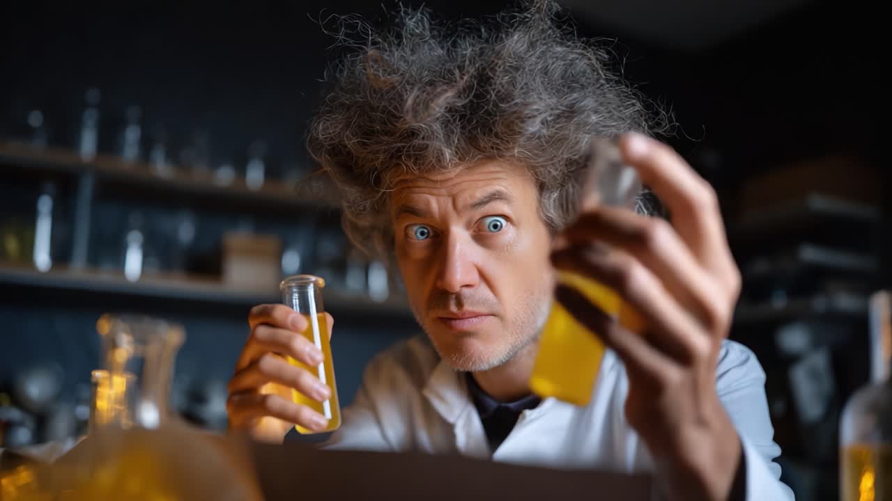 A quirky scientist with wild hair examines colorful potions in a laboratory, showcasing an intense focus on his experiments and discoveries in chemistry