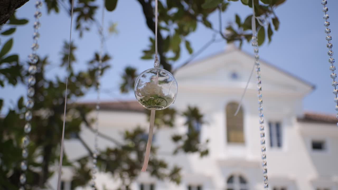 Sfera di vetro con fiore appesa a un albero, villa mediterranea sullo sfondo, stile cinematografico