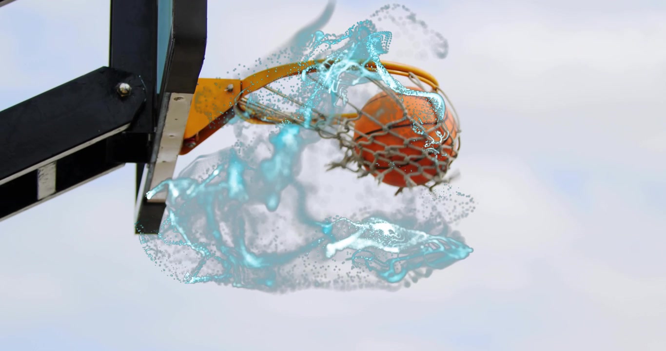 Off-screen hand retracting triggers basketball hitting rim and splashing teal fluid for energy loop