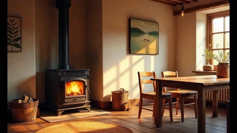 cozy rustic living room with wood stove