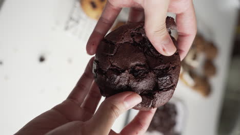 Toma-Vertical-De-Manos-Femeninas-Dividiendo-Una-Galleta-De-Chocolate-Doble