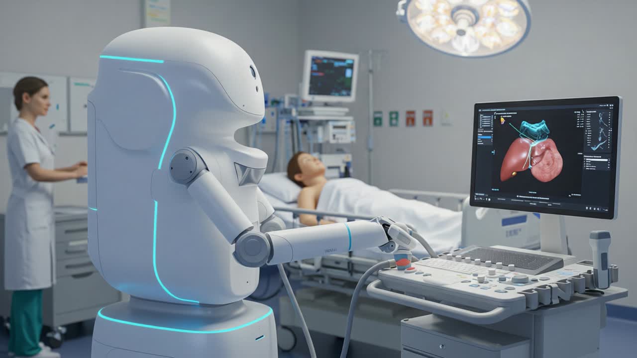 Advanced Healthcare Technology: A Robot Assisting in Medical Imaging for Patient Monitoring with Cutting-Edge Ultrasound Equipment in a Modern Hospital Environment