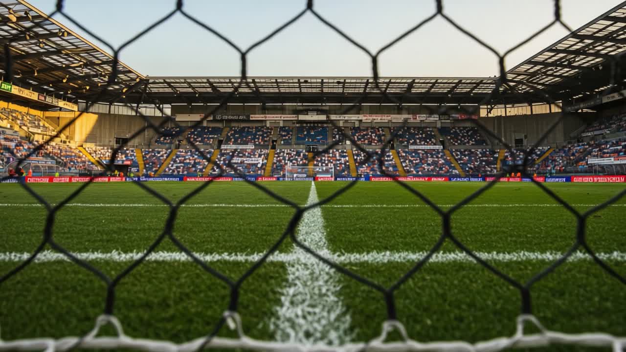 A Captivating View of the Soccer Field Through the Goal Net: Spectators Await Exciting Match Action Under Clear Blue Skies