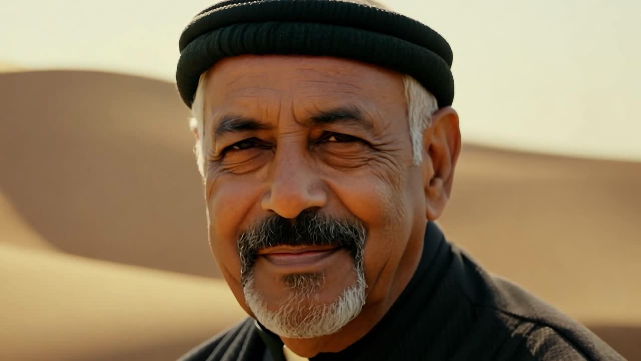 un hombre beduino anciano sonriente muestra una cara desgastada, bigote gris y tradicional keffiyeh negro, reflejando felicidad y sabiduría en el sereno paisaje del desierto