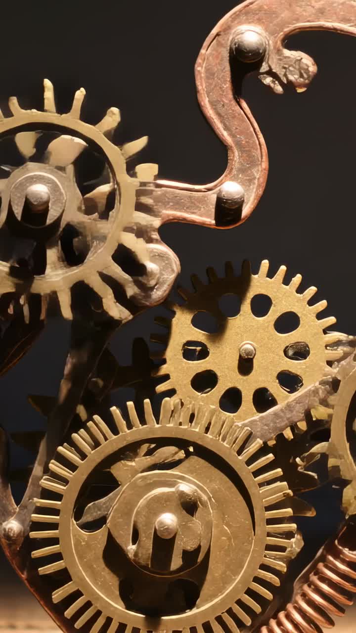 Vertical video: Unwinding spring driving brass gears turning, copper lever meshing teeth in studio