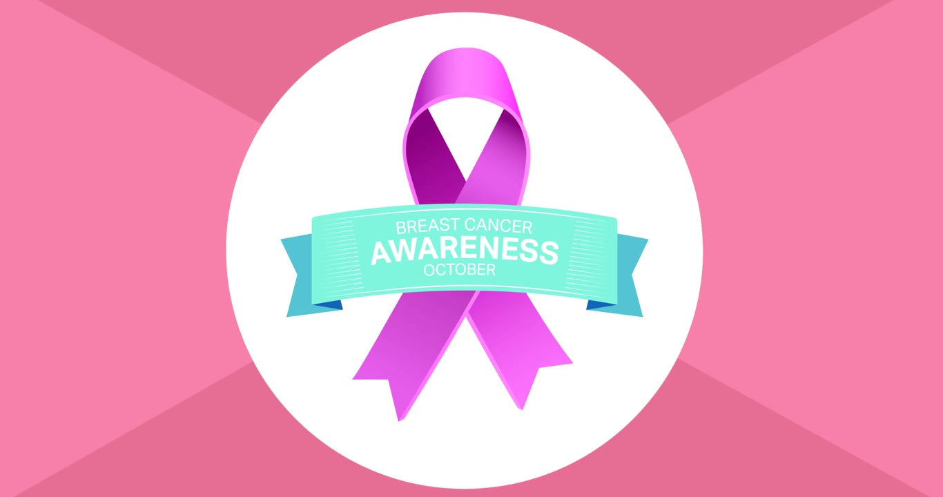Animazione di un logo a nastro rosa e del testo 'cancro' che appaiono su sfondo rosa.
