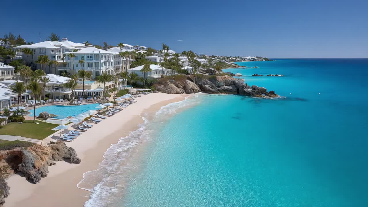 Atemberaubende Luftaufnahme eines tropischen Paradieses mit azurblauem Ozean, Sandstrand, luxuriösen Resorts und farbenfroher tropischer Landschaft