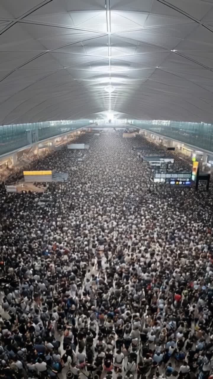 Pemandangan udara terminal bandara yang ramai dipenuhi orang-orang mengantre, menampilkan hiruk pikuk perjalanan dan energi dinamis pergerakan manusia