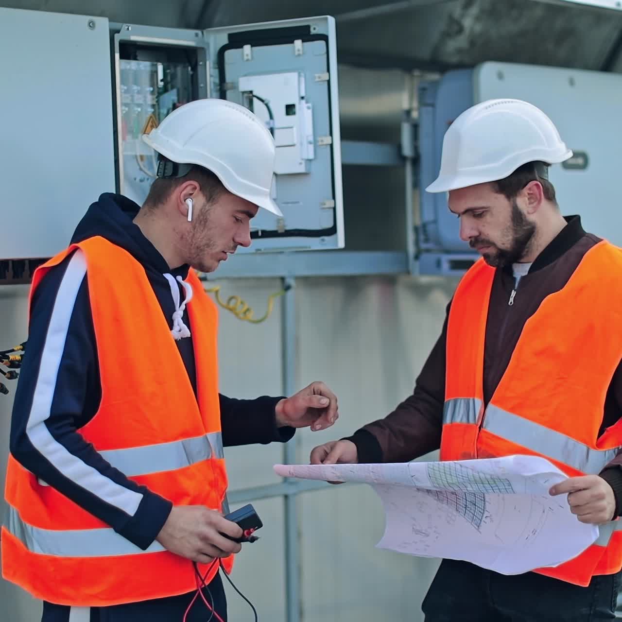 Engineers discuss the further work with a paper plan. Male workers in safety helmets looking at the plan scheme on the electrical equipment background.