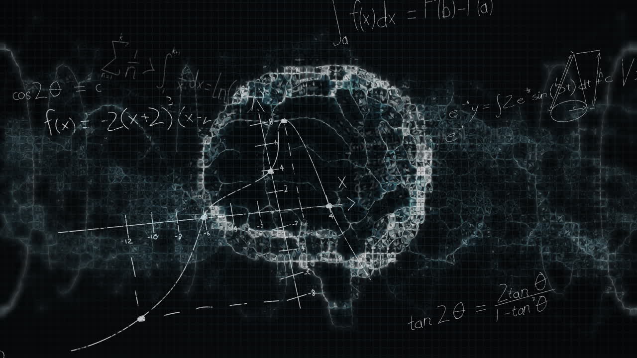 Animation of mathematical equations over digital model of human brain on black background