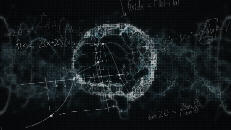 animación de ecuaciones matemáticas sobre un modelo digital del cerebro humano sobre un fondo negro