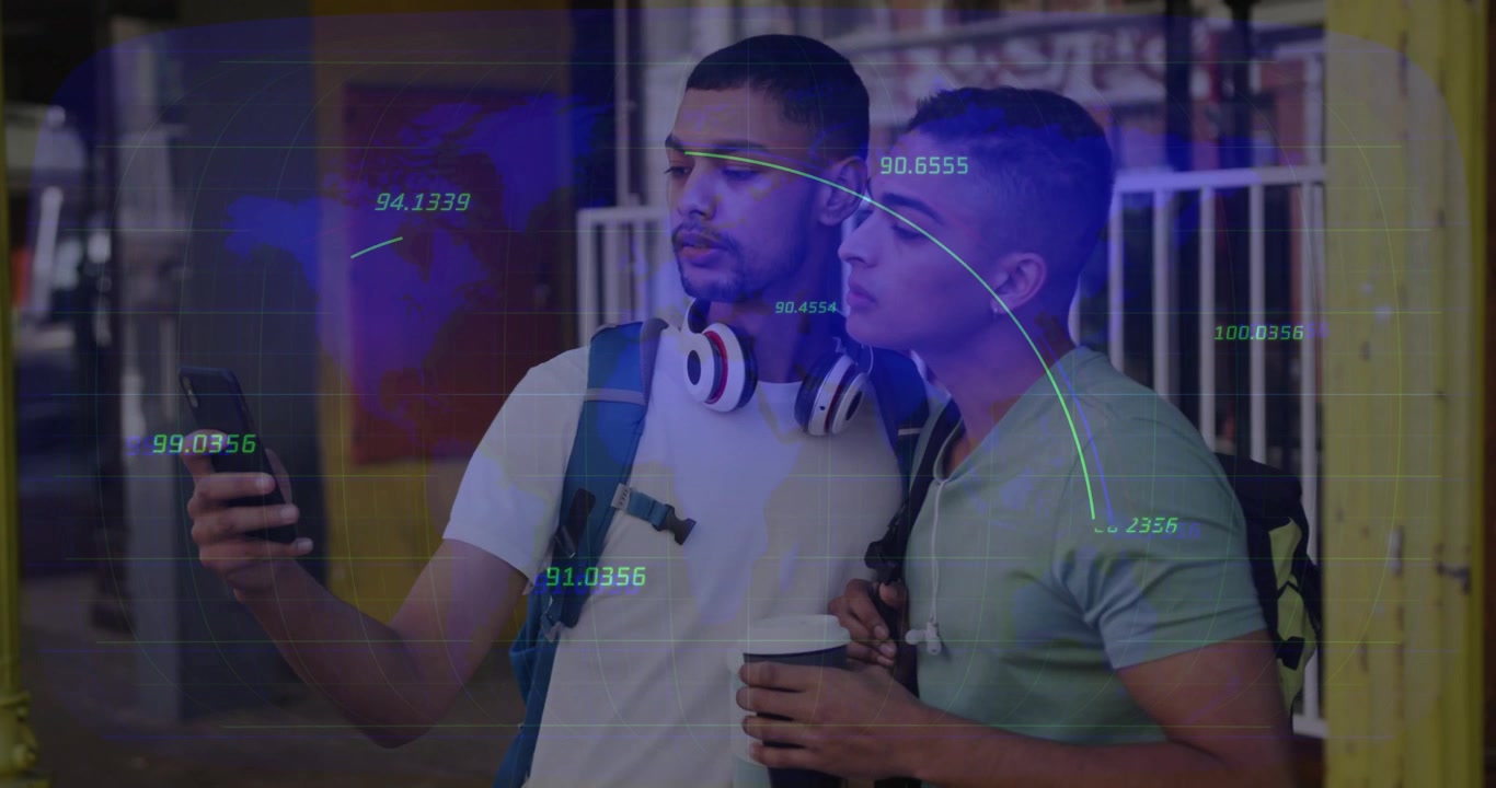 Two men holding smartphone sharing info on sidewalk leaning in causing tech overlays tracking faces