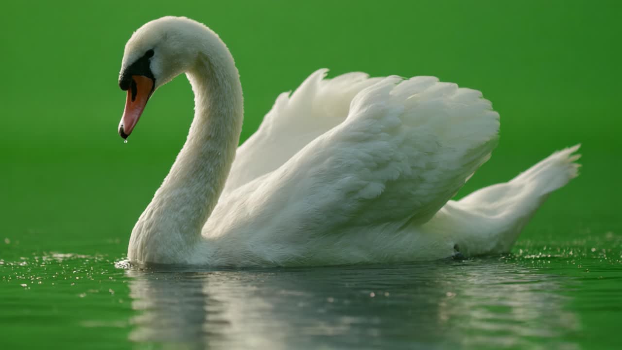 Dostojne łabędzie pływające po spokojnych wodach na tle żywej zieleni, ukazujące elegancję i piękno natury w ruchu.
