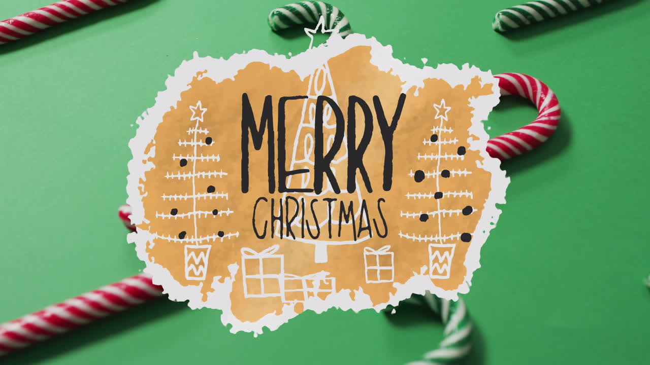 animación de texto de feliz navidad sobre caña de caramelo de navidad