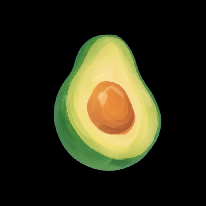 Metà avocado rotante che mostra la polpa e il nocciolo su sfondo nero