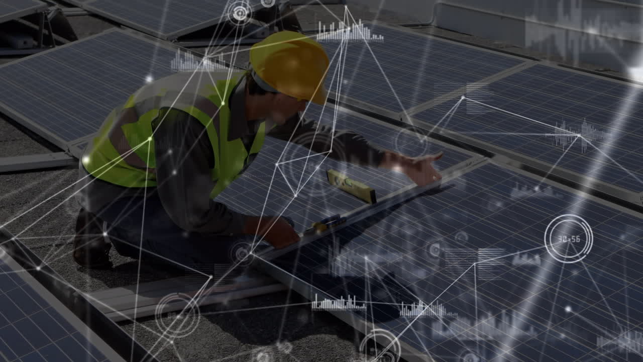 Animation of network of connections over solar panels and male engineer in background