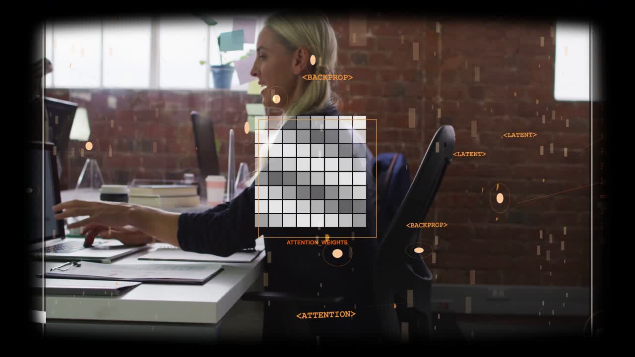 Vertical video: Typing dark-top woman at desk seeing AR ATTN WEIGHTS grid, picking, passing folder
