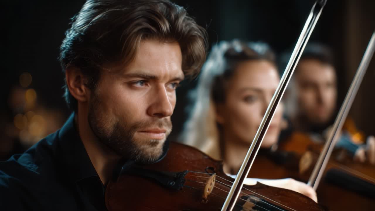 Un musicista di talento cattura l'essenza di una performance accattivante con intensa concentrazione e dedizione mentre suona il violino in un'incantevole cornice orchestrale.