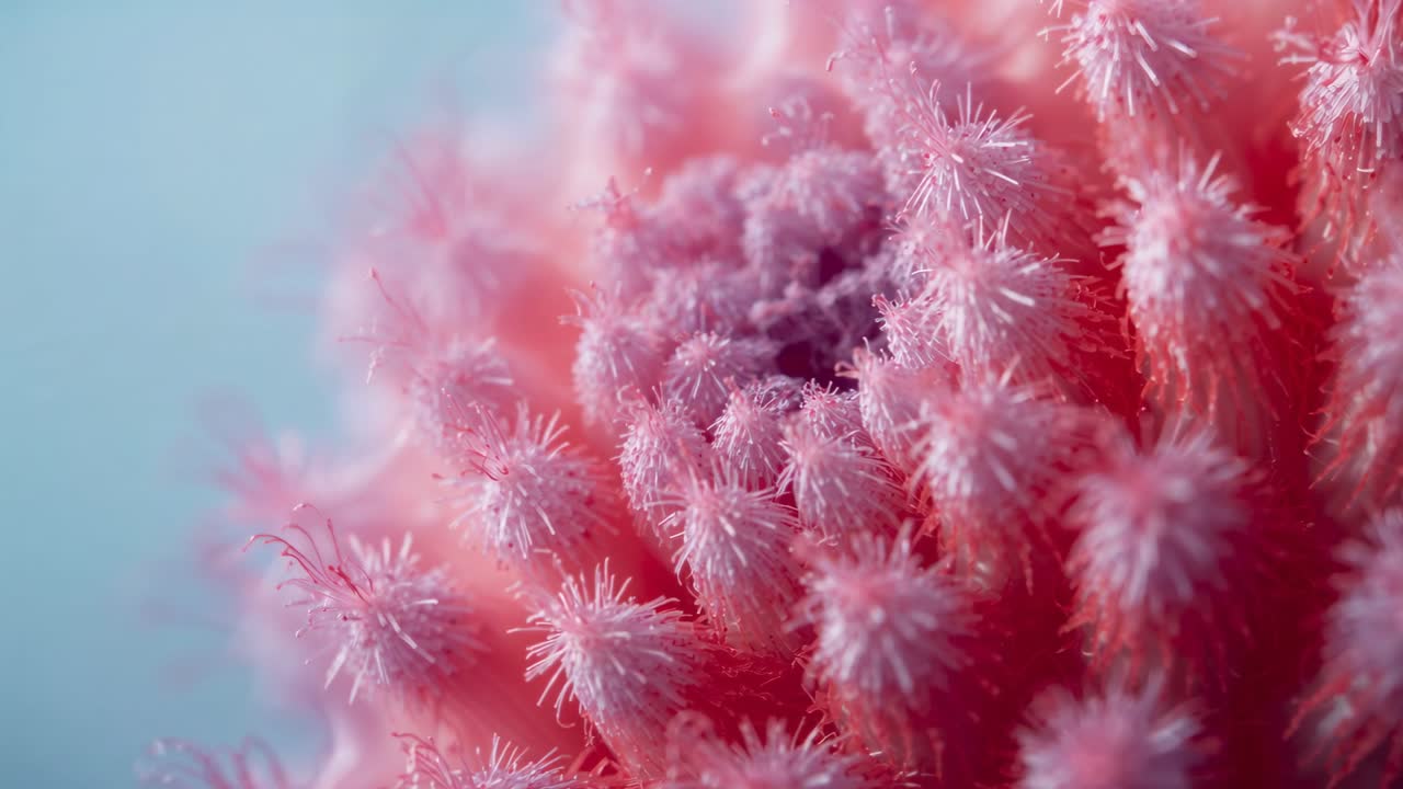Kamera fährt nach innen, der Fokus wird verschoben, um rosa, knäuelartige Fadenenden mit Tropfen vor hellblauem Hintergrund zu enthüllen.