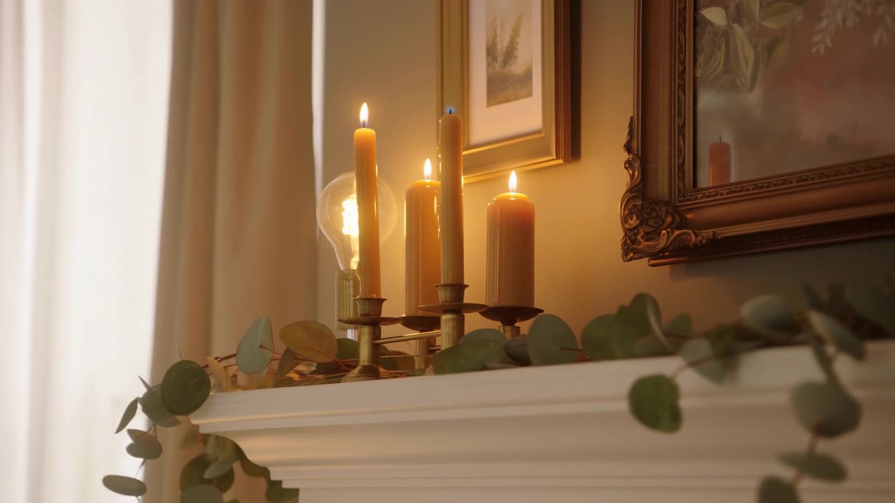La luce soffusa del giorno riempie un tranquillo interno domestico con candele accese disposte su una mensola del camino, opere d'arte incorniciate, uno specchio decorativo e foglie di piante verdi nell'ambiente.
