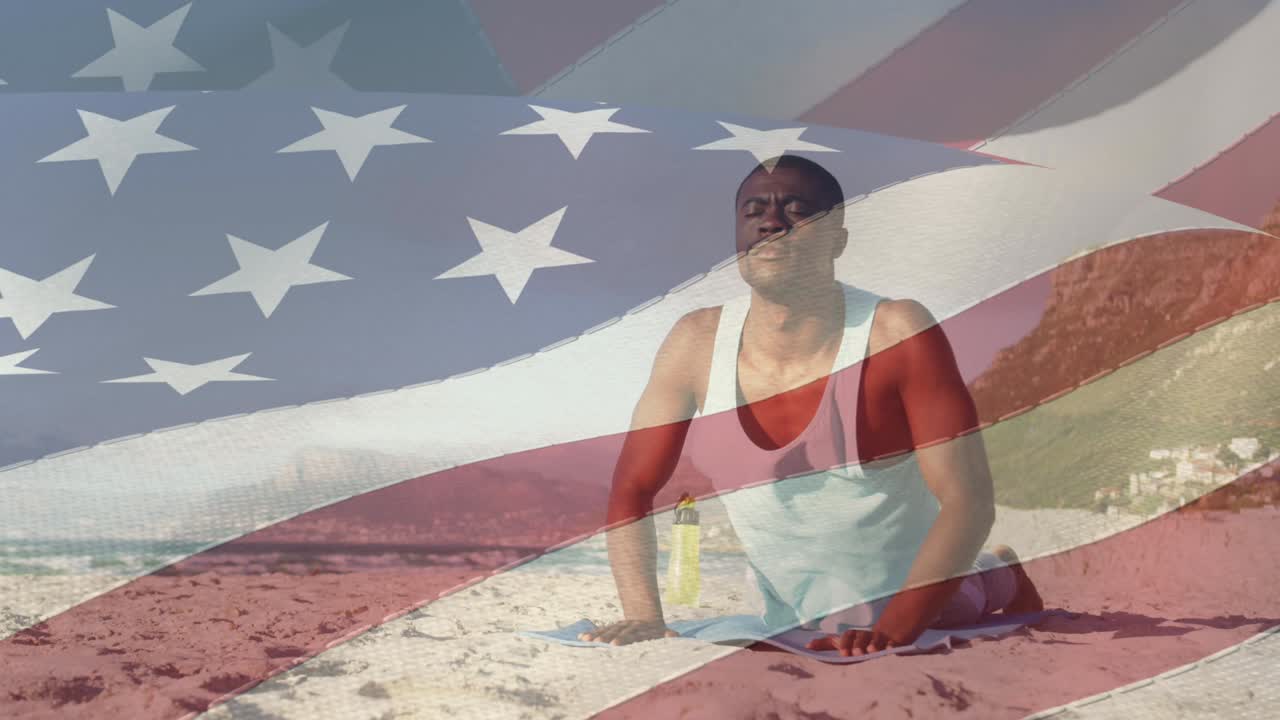 해변에서 요가를 연습하는 아프리카계 미국인 남성 위에 미국 발의 애니메이션