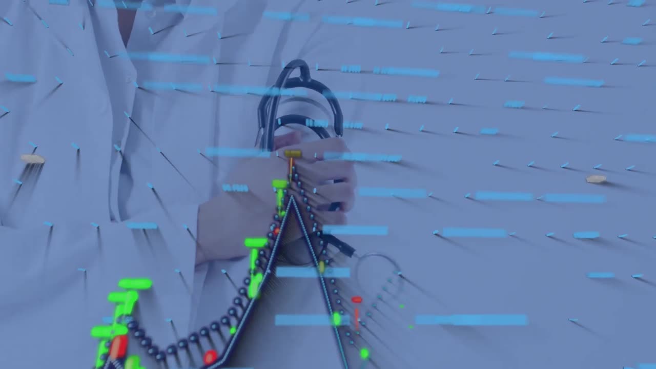 animación del procesamiento de datos sobre un médico caucásico sosteniendo un estetoscopio