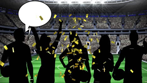 animación de confeti dorado y aficionados deportivos con siluetas con burbuja de habla sobre el estadio deportivo