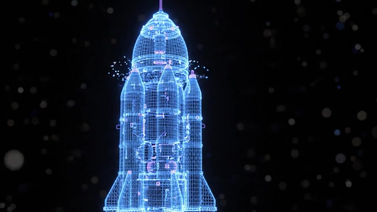 A Stunning Visual Representation of a Futuristic Rocket Design Featuring Detailed Holographic Wireframe Technology and Stunning Visual Effects Against a Dark Background