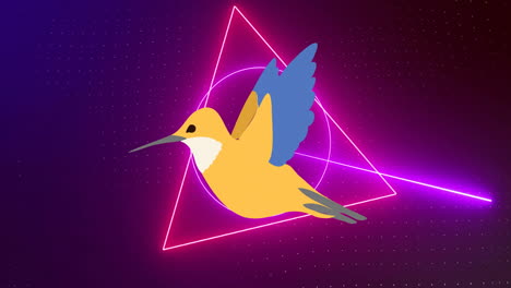 animation of bird icon over neon shapes moving on black background