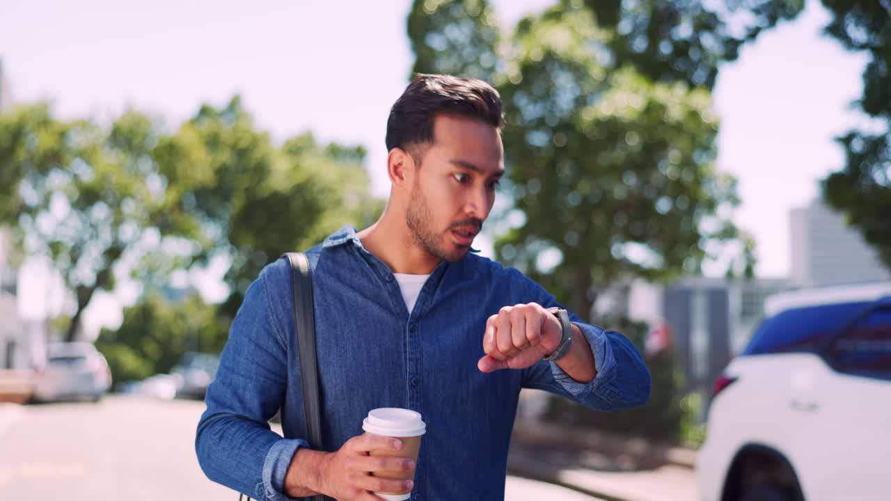 Businessman, watch and late in city