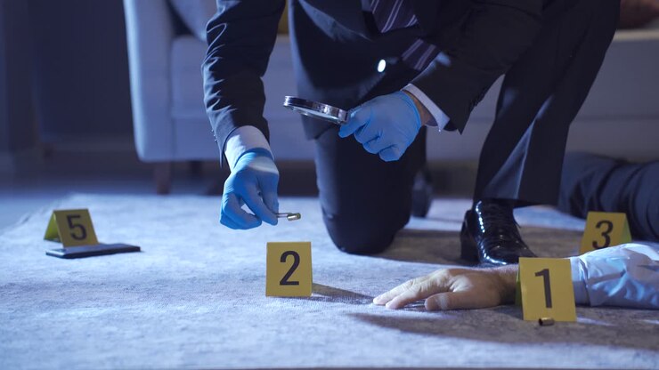 The criminologist examines the evidence at the crime scene. Bullet casings.