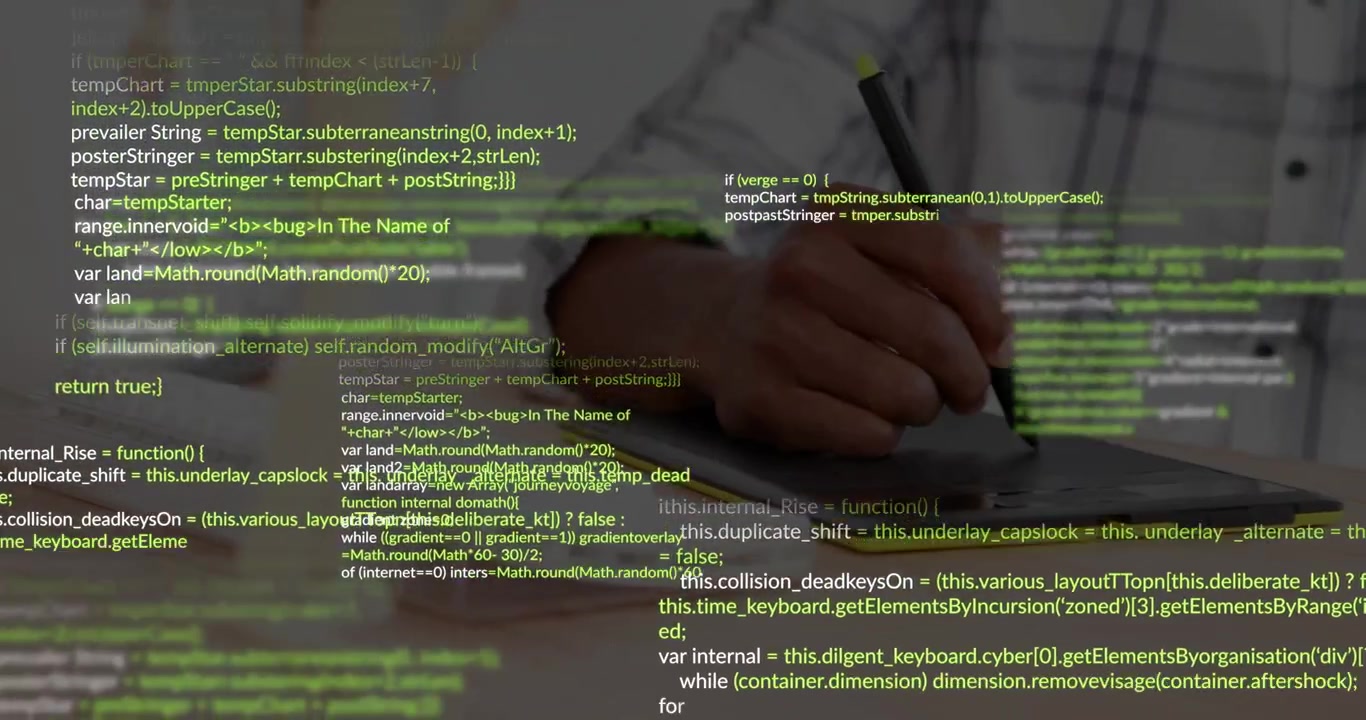 Male developer tapping stylus, drawing on tablet for coding while green code flowing over hand
