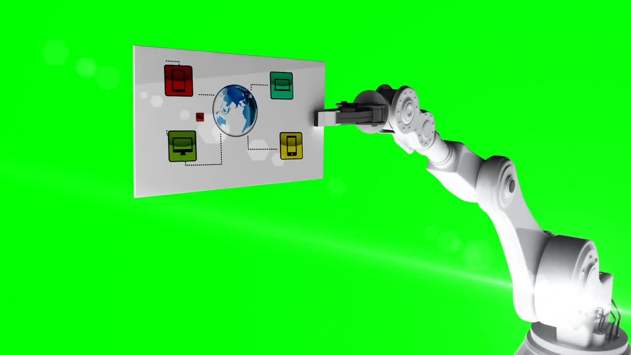Digitally generated video of white robotic arm holding card with networking icon