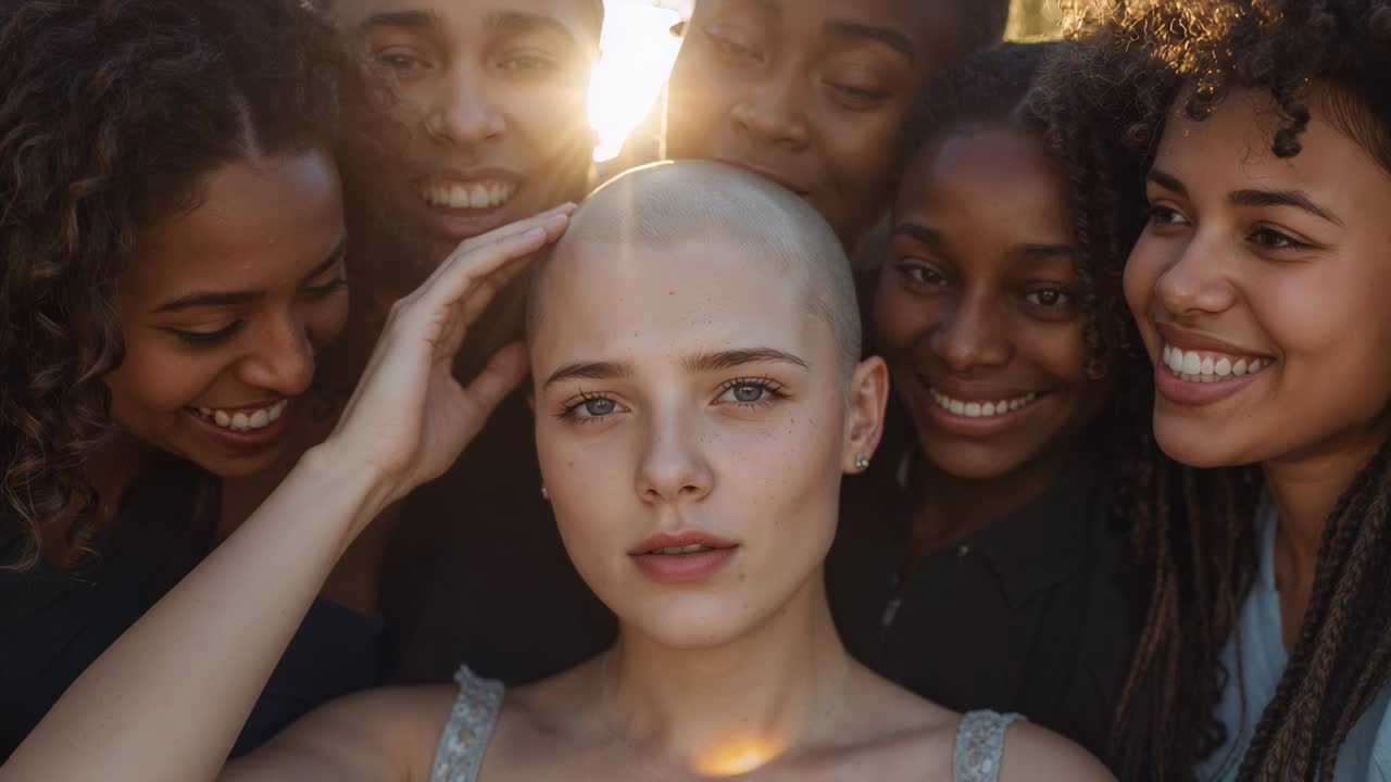 Smiling with camera framing, women leaning in at park, hand touching shaved head, showing support