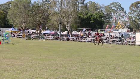 horse and rider navigating jump course at fair