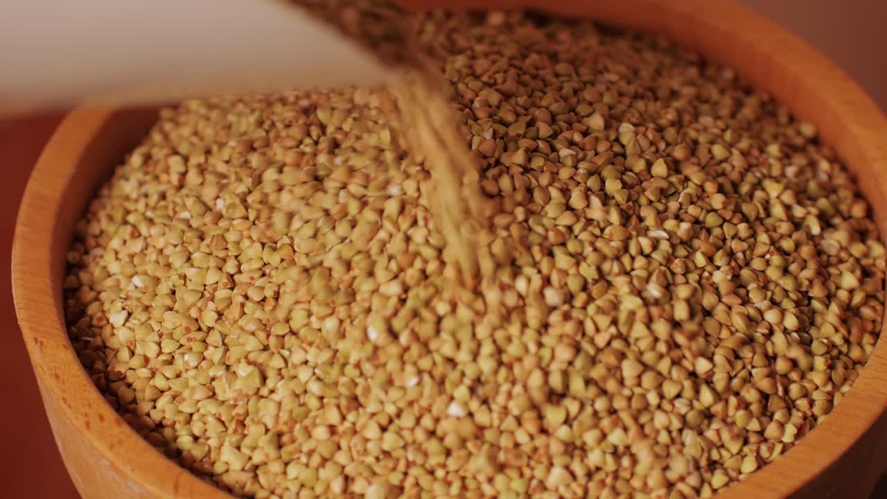 Close-up shot of treatment of seeds of cereals: rye, barley, wheat against diseases and insects using modern equipment. Hard wheat in hopper being ground into whole wheat flour. High quality 4k footage