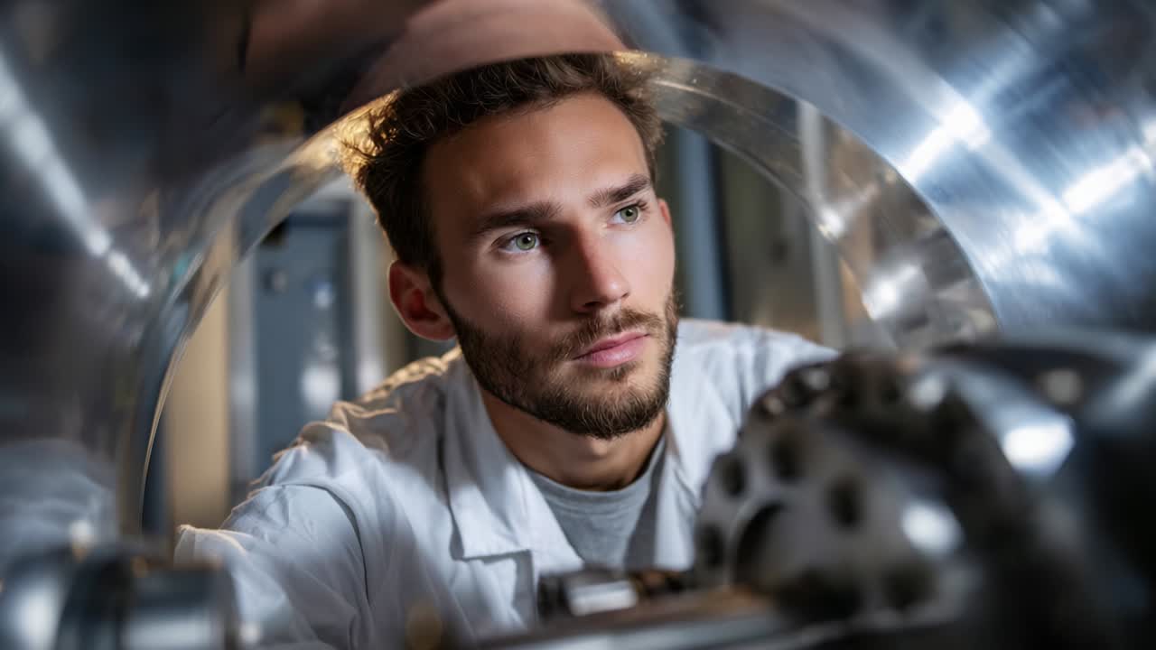 A focused technician works diligently on a sophisticated machinery setup, analyzing the intricate components to ensure optimal performance and precision in a high-tech laboratory environment