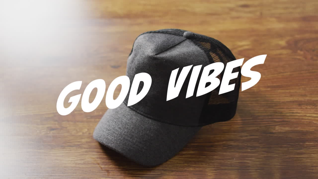 animación de buenas vibraciones texto sobre gorra gris en el suelo de madera