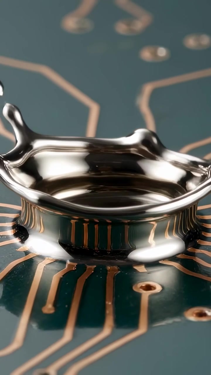 Vertical video: Contacting silver droplet forming crown, collapsing into puddle on PCB by tension