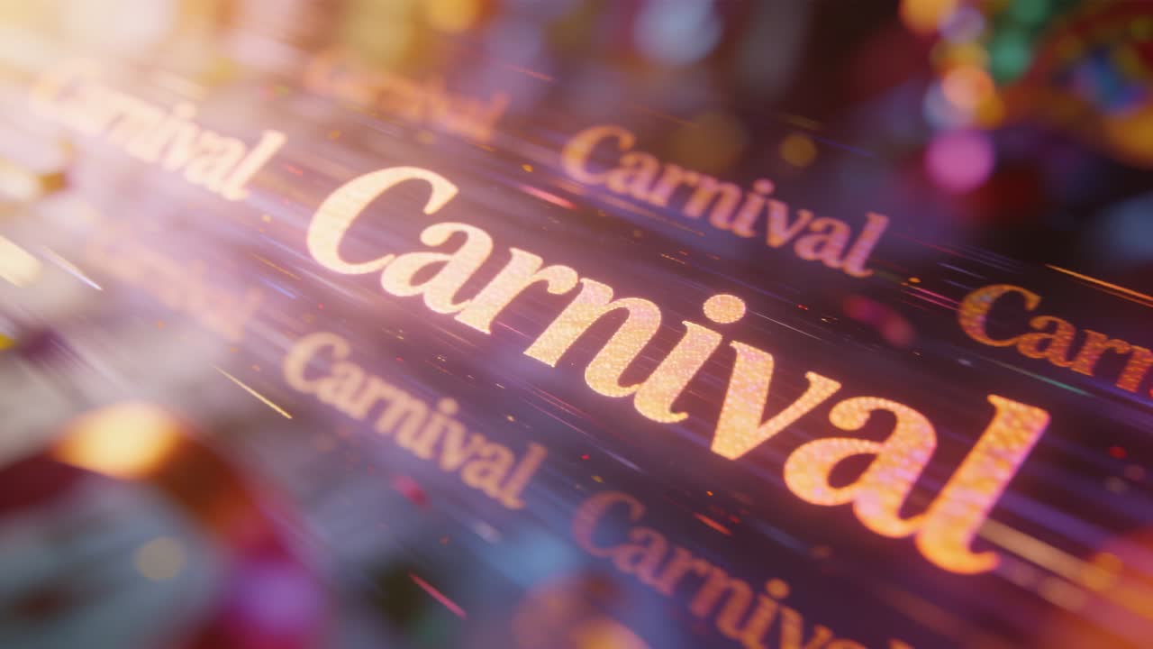 Animeret objektivrefleksion, glitrende Carnival-ord glider hen over titelkortet og viser gentagelser samt bånd.